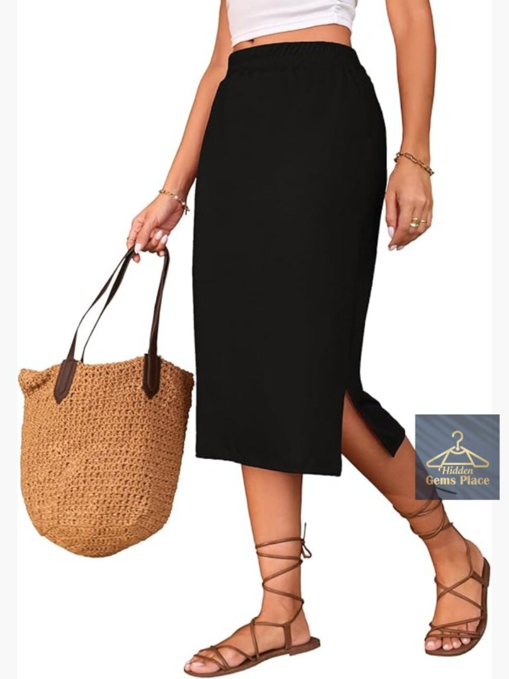 Women's Midi Skirt High Waisted Side Slit Elastic Waist Pull On Skirt